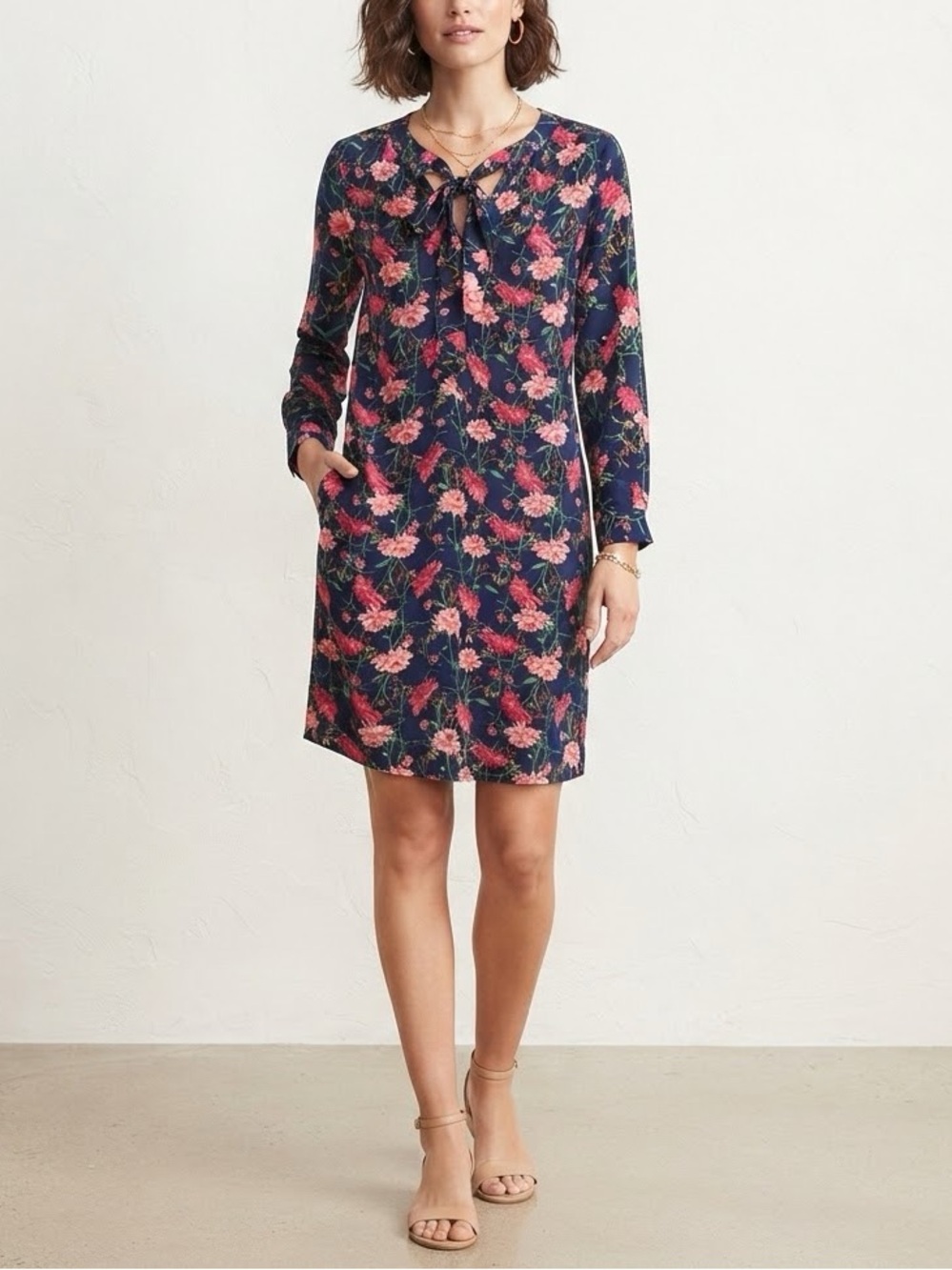 💥🔥 ONLY $10! Old Navy Navy Blue Floral Long Sleeve Belted Mini Dress Size L❤️